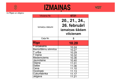 20., 21., 24., 26. februārī izmaiņas Jelgavas virziena vilcienu sarakstos