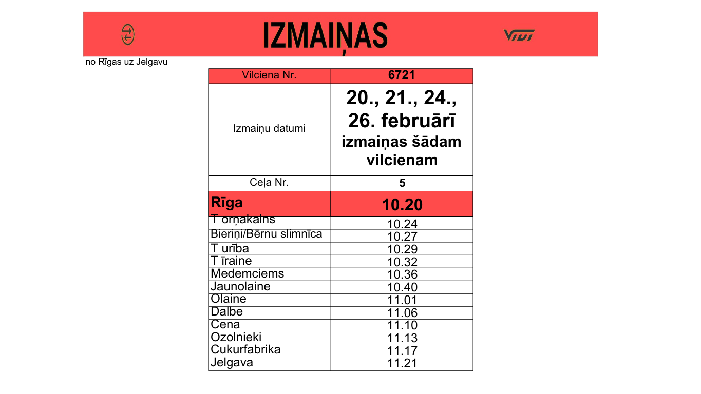 20., 21., 24., 26. februārī izmaiņas Jelgavas virziena vilcienu sarakstos